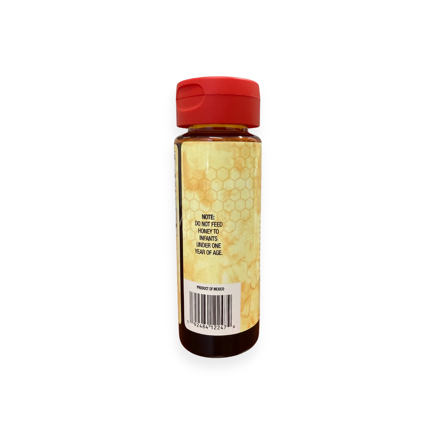 Buc-ee's Hot Honey 12 oz squeeze bottle back view showing product information, "Product of Mexico" text, barcode, and infant safety warning