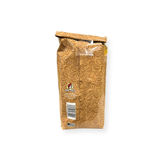 Buc-ee's House Blend Coffee 12 oz coffee bean patterned bag back view showing product details and Buc-ee's beaver logo with barcode