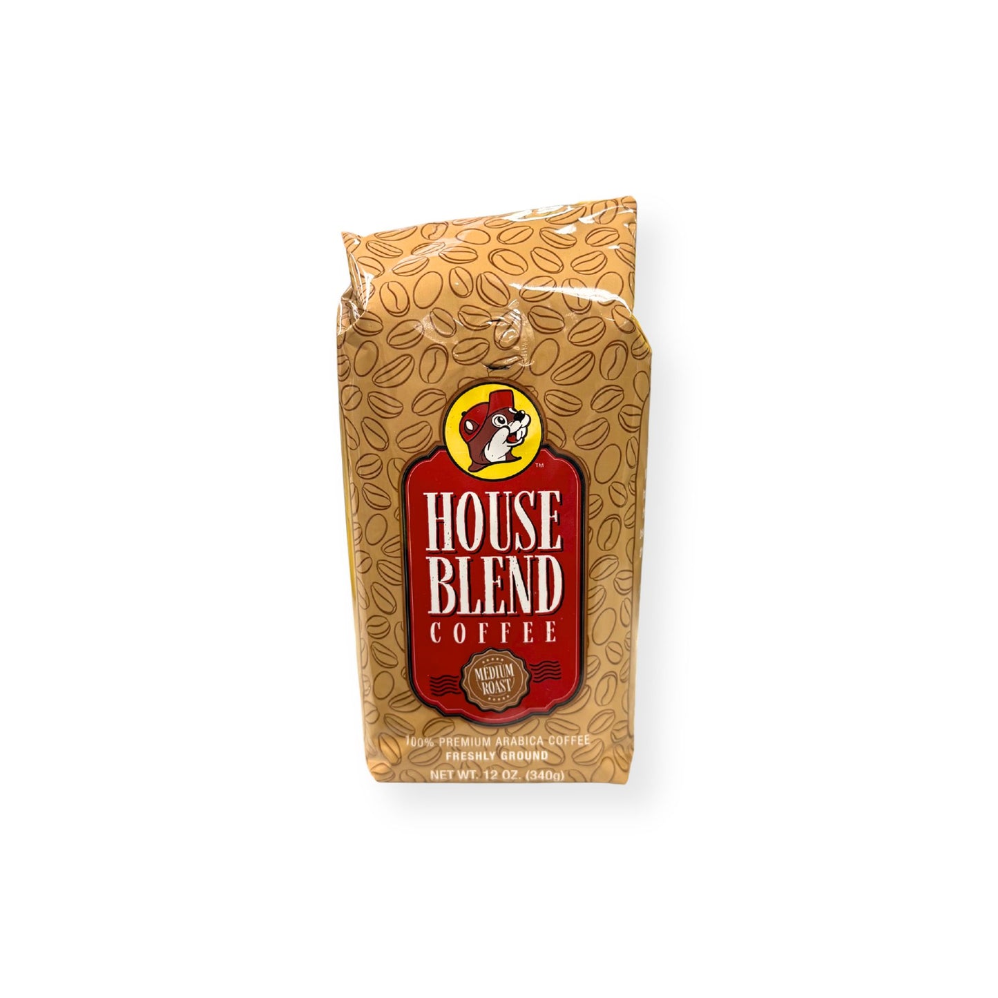 Buc-ee's House Blend Coffee 12 oz front view featuring red and yellow label with beaver mascot, "HOUSE BLEND COFFEE" text, "Medium Roast" designation, and "100% Premium Arabica Coffee Freshly Ground" details