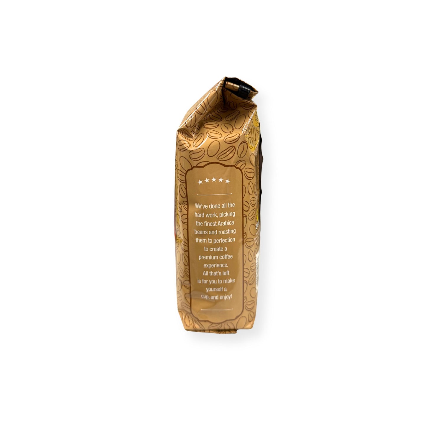 Buc-ee's House Blend Coffee 12 oz side panel featuring five-star rating and premium coffee quality description highlighting finest Arabica beans and expert roasting
