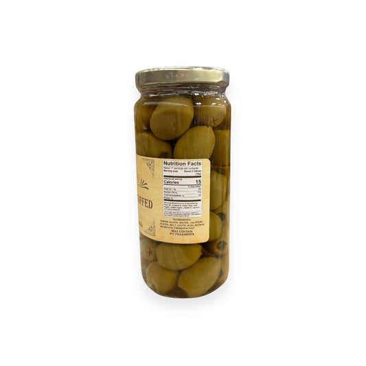 Buc-ee's Jalapeño Stuffed Olives 9 oz glass jar side view showing nutrition facts label, green olives stuffed with jalapeño pieces in brine, and golden yellow vintage-style labeling