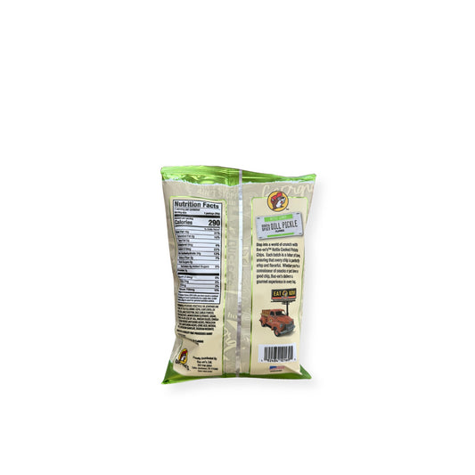Buc-ee's Kettle Cooked Sorta Spicy Dill Pickle Potato Chips 5oz bag back view displaying nutrition facts label with 290 calories per serving and ingredient information