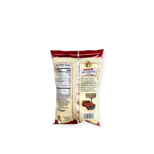 Buc-ee's Kettle Cooked Sweet Southern BBQ Potato Chips 5oz bag back view displaying nutrition facts label with 290 calories per serving and ingredient information