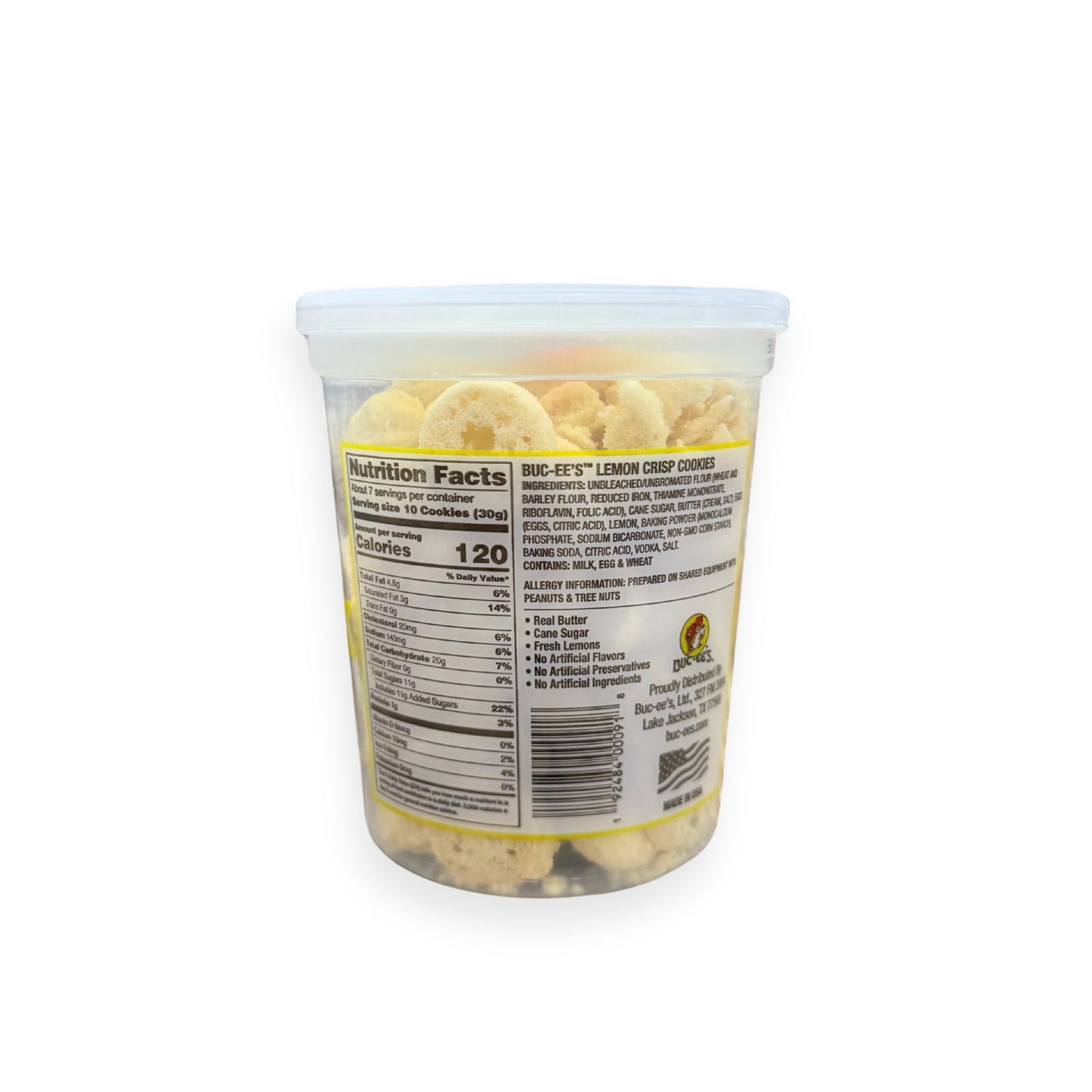 Buc-ee's Lemon Crisps 7.5 oz clear container back view showing detailed nutrition facts label with 120 calories per serving and ingredient list highlighting real butter, cane sugar, and fresh lemons with no artificial ingredients