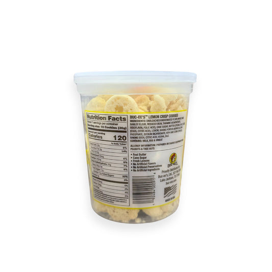 Buc-ee's Lemon Crisps 7.5 oz clear container back view showing detailed nutrition facts label with 120 calories per serving and ingredient list highlighting real butter, cane sugar, and fresh lemons with no artificial ingredients
