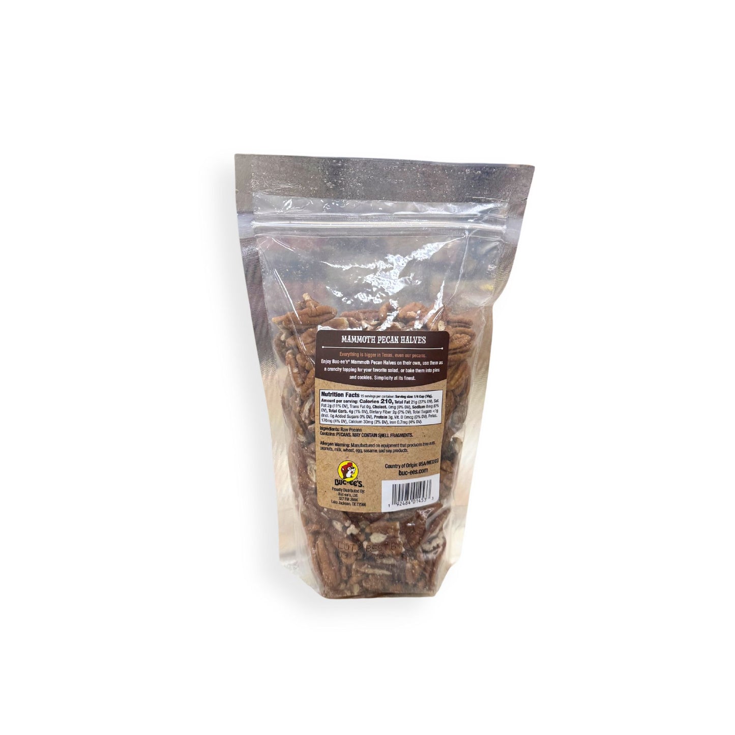 Buc-ee's mammoth pecan halves bag back showing nutrition facts and large whole pecan halves visible through clear packaging