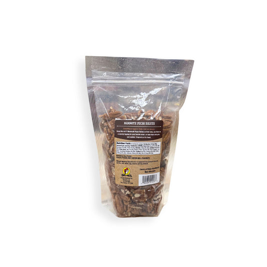 Buc-ee's mammoth pecan halves bag back showing nutrition facts and large whole pecan halves visible through clear packaging