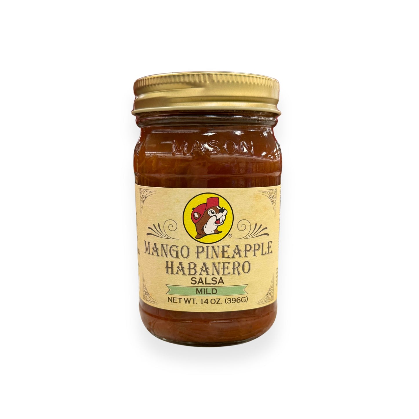 Buc-ee's Mango Pineapple Habanero Salsa 14 oz mason jar front view featuring iconic red beaver mascot logo, "MILD" heat level indicator, and classic mason jar styling with golden lid