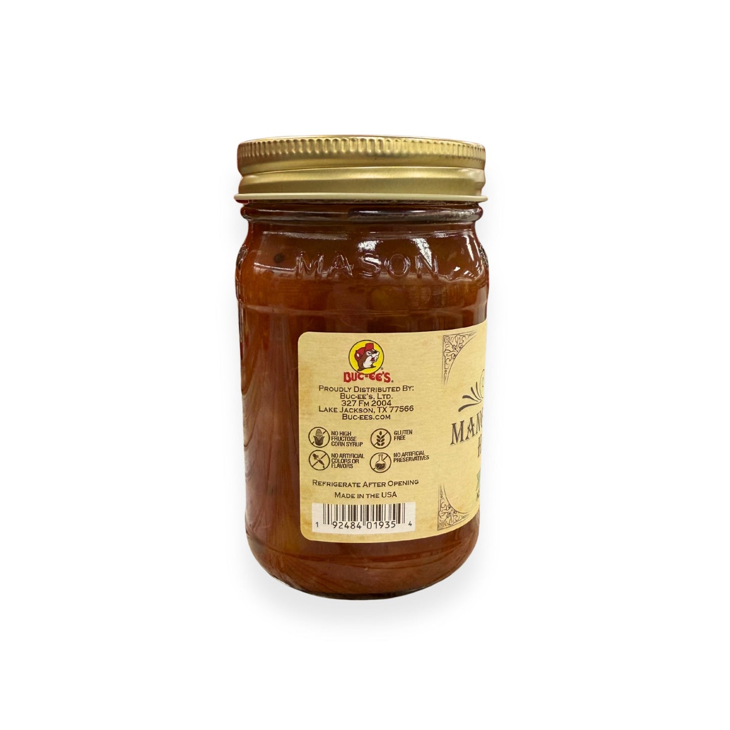 Buc-ee's Mango Pineapple Habanero Salsa 14 oz mason jar back view showing Buc-ee's distributor information from Lake Jackson TX, gluten-free certification, no artificial preservatives badges, barcode, and storage instructions