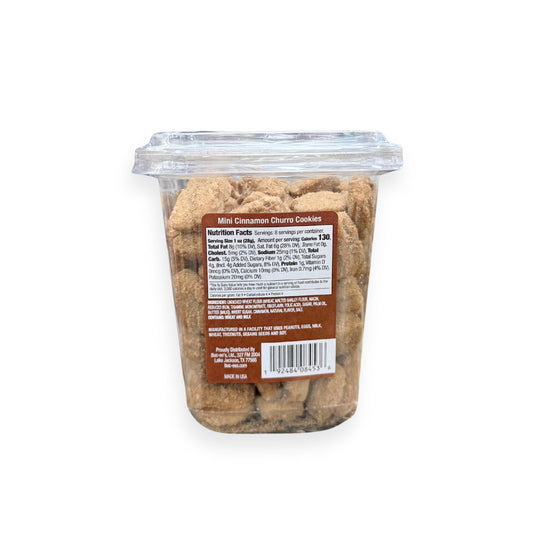 Buc-ee's Mini Cinnamon Churro Cookies 8 oz clear container back view showing detailed nutrition facts label with 130 calories per serving and ingredient list highlighting cinnamon sugar coating with Made in USA quality