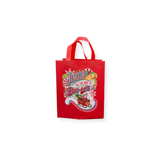 Red Buc-ee's Christmas 2025 reusable tote bag with 'Jingle All the Way to Buc-ee's' design featuring Santa beaver on sleigh with candy canes and snowflakes
