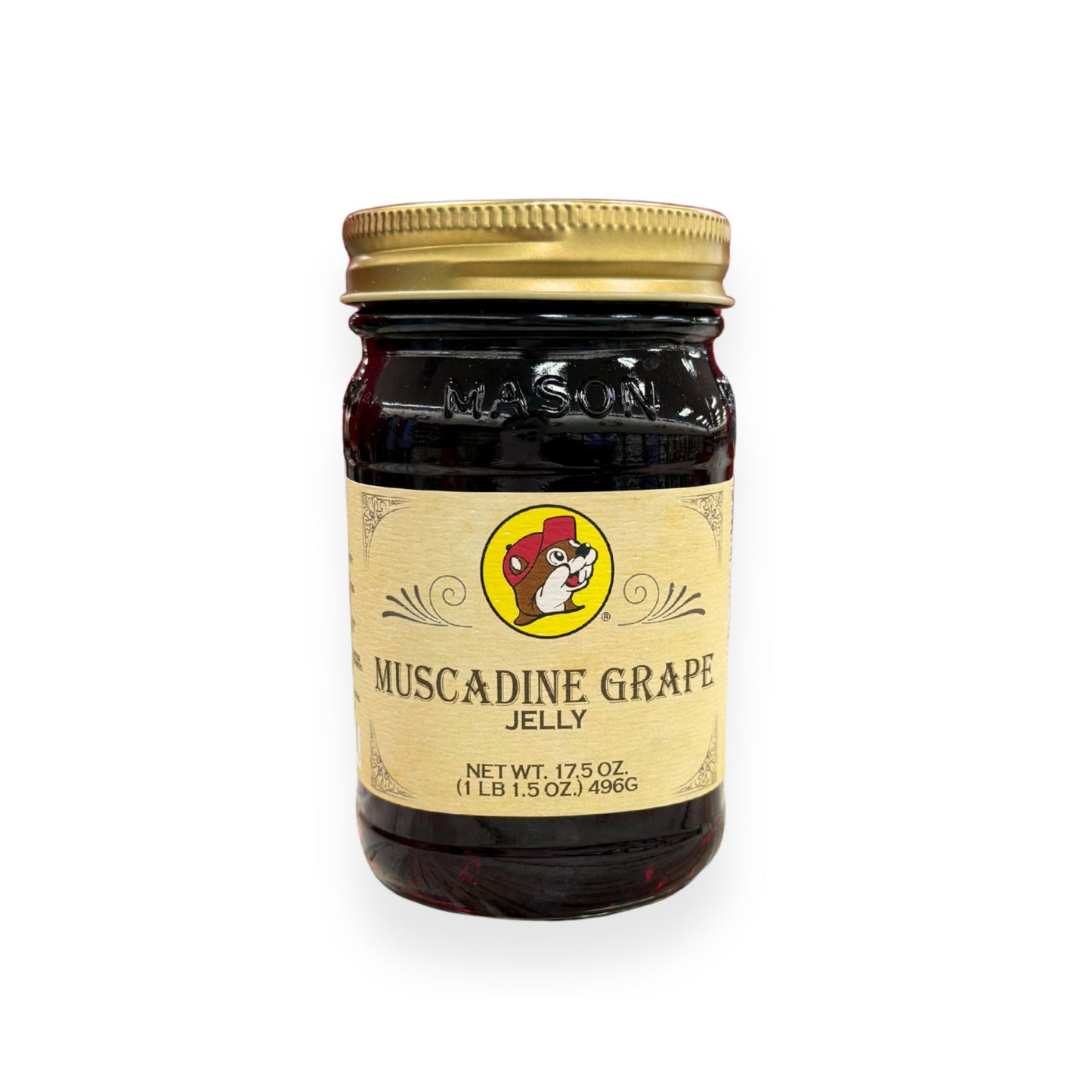 Buc-ee's Muscadine Grape Jelly 17.5 oz mason jar front view featuring iconic red beaver mascot logo, "MUSCADINE GRAPE JELLY" text, and classic mason jar styling with golden lid