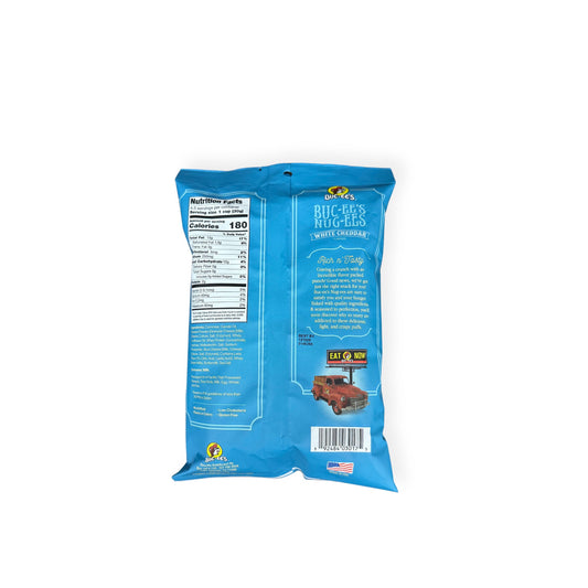 Buc-ee's Nug-ees White Cheddar 5oz bag back view displaying nutrition facts label with 180 calories per serving and ingredient information