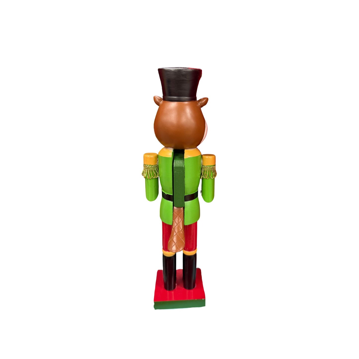 Buc-ee's 2024 limited edition nutcracker beaver standing 16 inches tall in elaborate military uniform with green and gold jacket, red pants, black boots, tall hat with gold chain, and decorative drum back view
