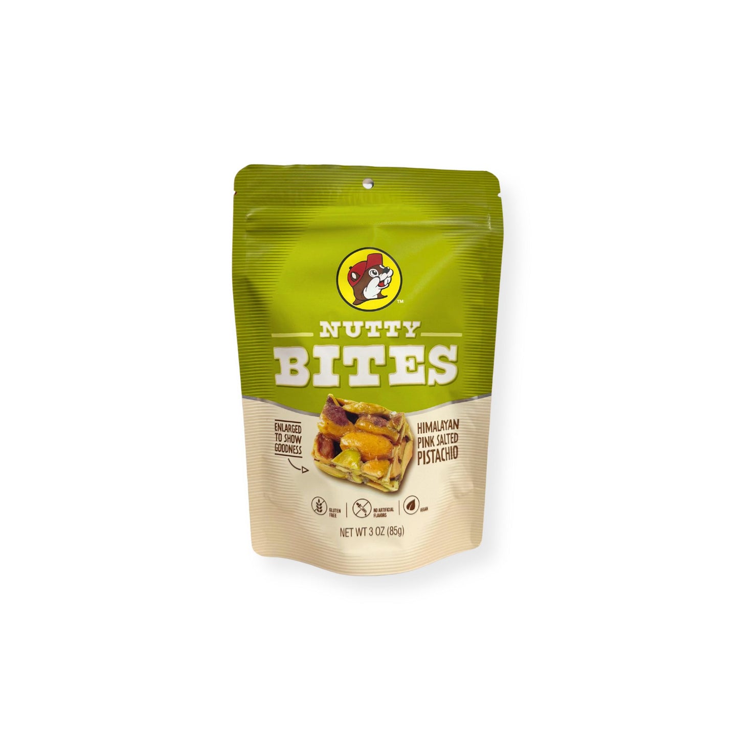 Buc-ee's Nutty Bites Himalayan Pink Salted Pistachio 3 oz green and cream pouch front view featuring iconic red beaver mascot logo, "NUTTY BITES" text, "HIMALAYAN PINK SALTED PISTACHIO" description, and enlarged product image showing goodness