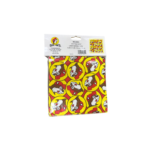 Buc-ee's 40-count lunch napkins package showing repeating Bucky beaver logo pattern on red background with yellow circles, 13 by 13 inch 3-ply napkins