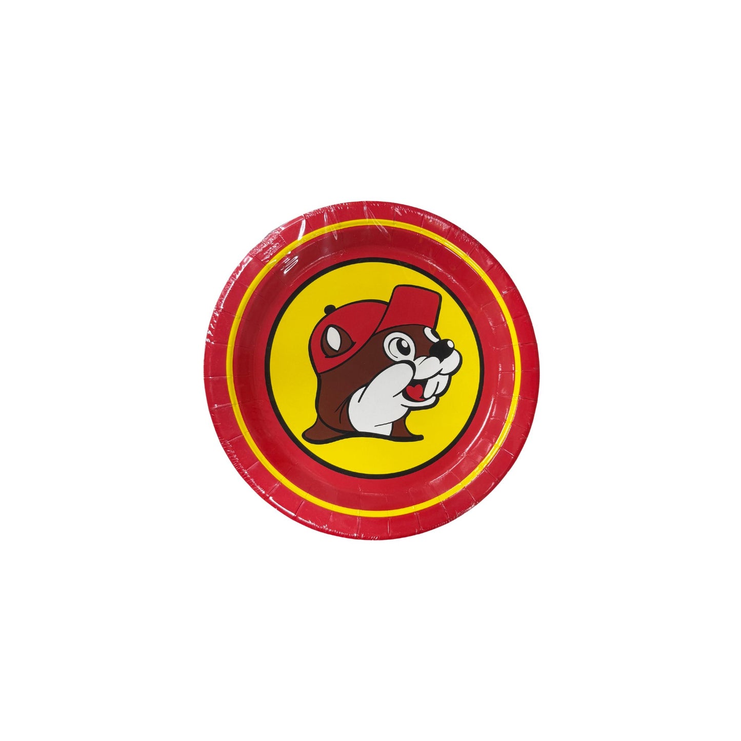 Buc-ee's party plate with iconic Bucky beaver logo on yellow center circle surrounded by red border with yellow stripe, disposable dinner plate design