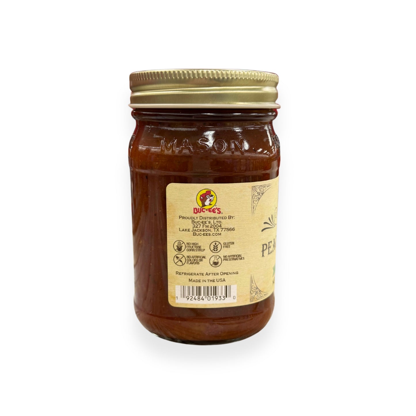 Buc-ee's Peach Chipotle Salsa 14 oz mason jar back view showing Buc-ee's distributor information from Lake Jackson TX, gluten-free certification, no artificial preservatives badges, barcode, and storage instructions