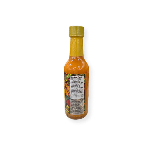 Buc-ee's Peach Habanero Hot Sauce 5 oz bottle back view showing detailed nutrition facts label with 25 calories per serving and ingredient list highlighting peaches and habanero peppers with medium heat rating