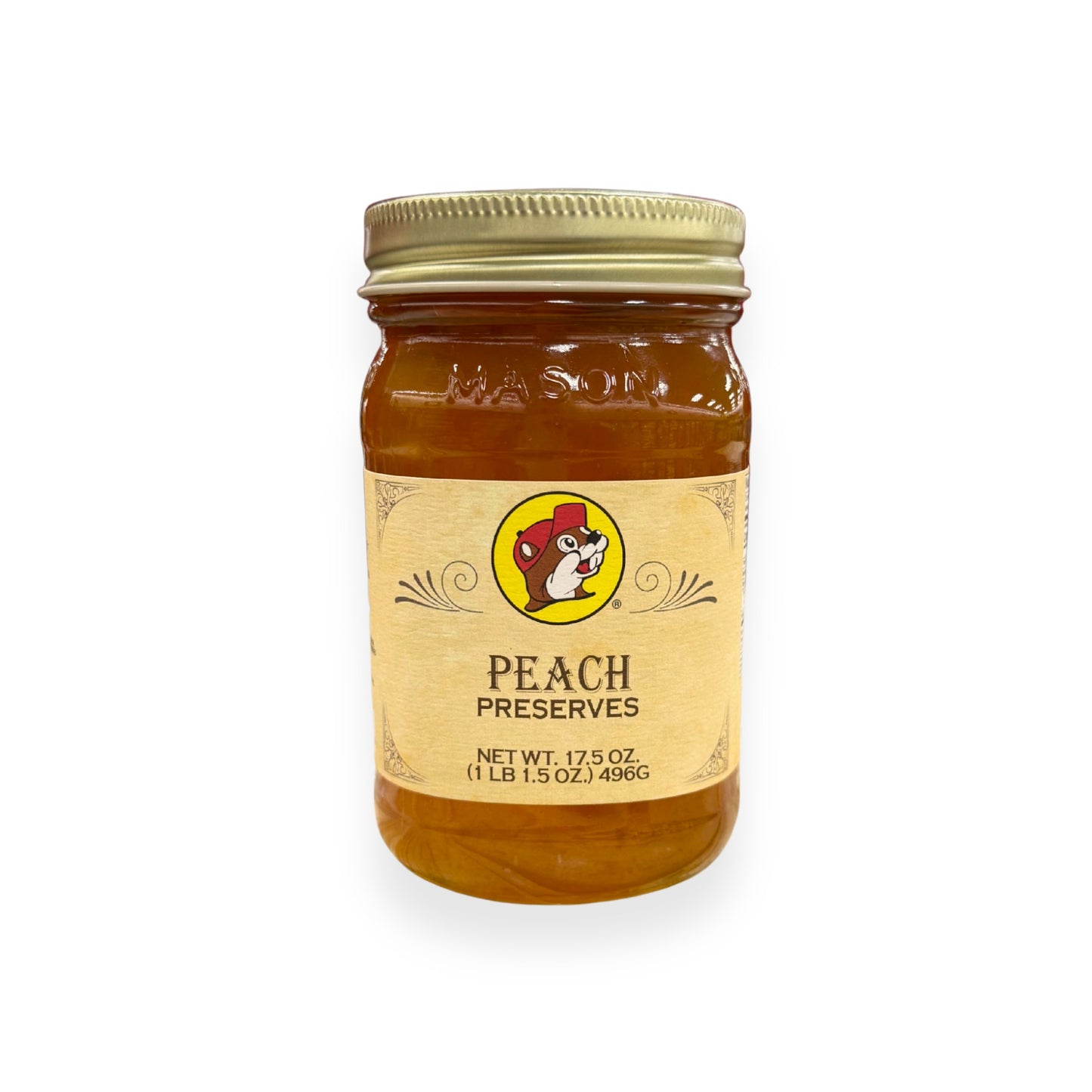 Buc-ee's Peach Preserves 17.5 oz mason jar front view featuring iconic red beaver mascot logo and classic mason jar styling with golden lid, showing net weight 1 lb 1.5 oz