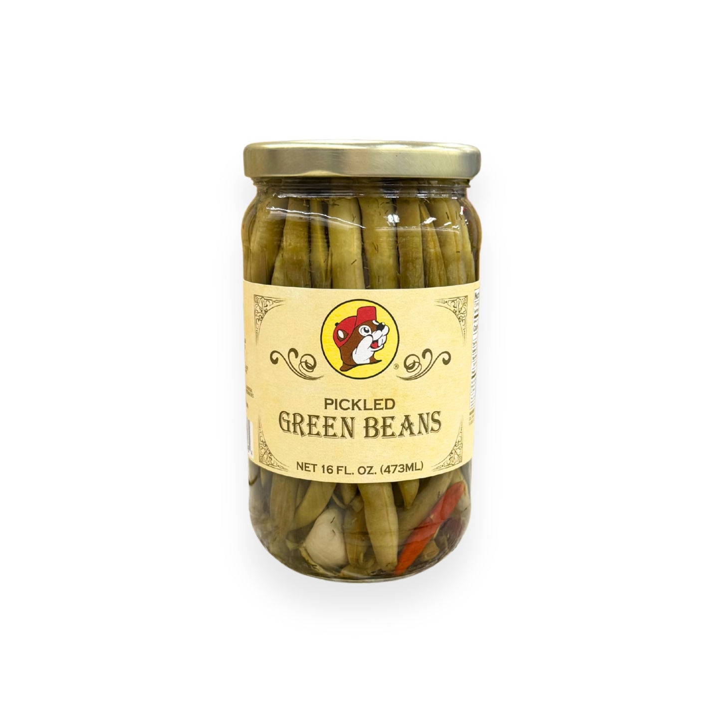 Buc-ee's Pickled Green Beans 16 fl oz glass jar front view featuring iconic red beaver mascot logo, ornate vintage-style label design, and clear view of pickled green beans arranged vertically in brine