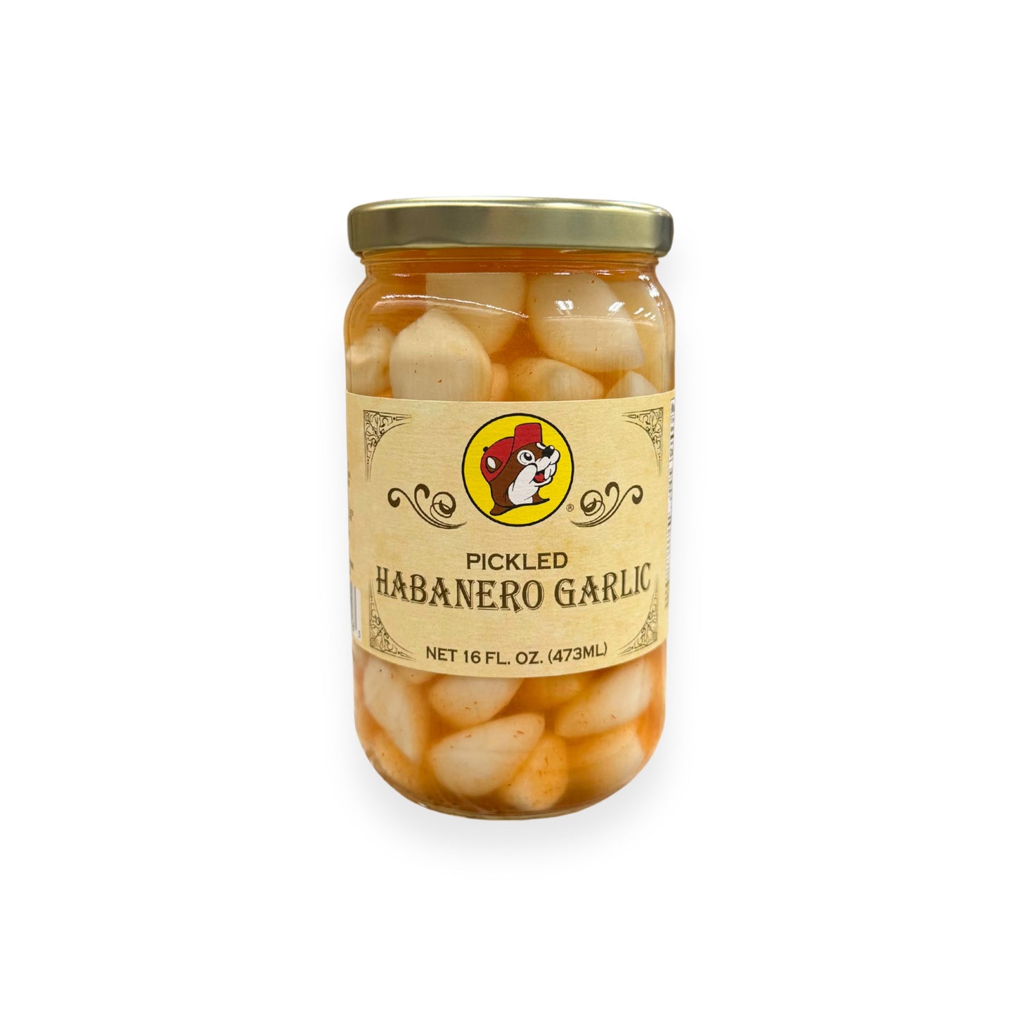 Buc-ee's Pickled Habanero Garlic 16 fl oz glass jar front view featuring iconic red beaver mascot logo, ornate vintage-style label design, and clear view of pickled habanero peppers and garlic in amber liquid