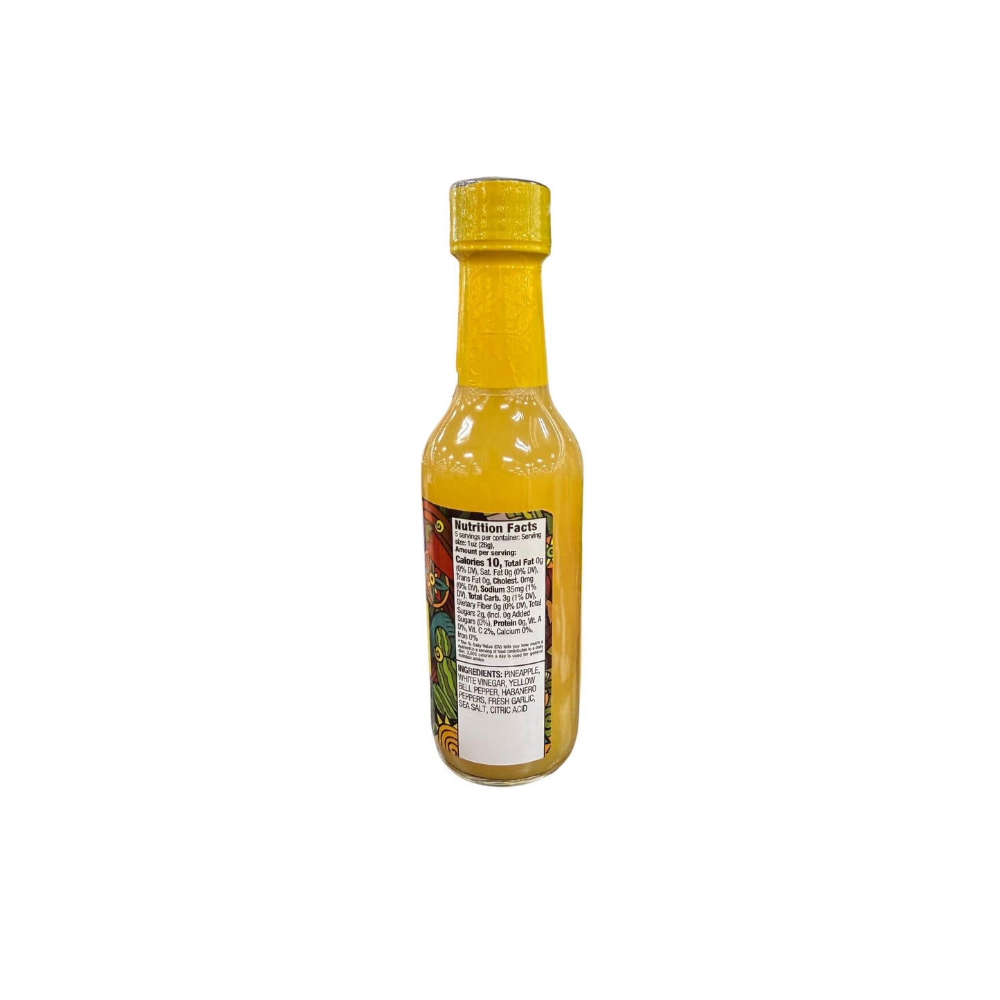 Buc-ee's Pineapple Habanero Hot Sauce 5 oz bottle back view showing detailed nutrition facts label with 20 calories per serving and ingredient list highlighting pineapple and habanero peppers with medium heat rating