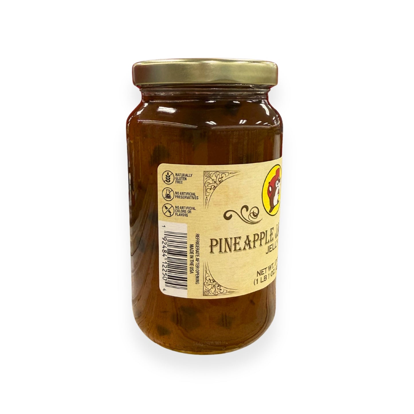 Buc-ee's Pineapple Jalapeño Jelly 17 oz mason jar back view showing gluten-free certification, no artificial preservatives badges, barcode, and storage instructions