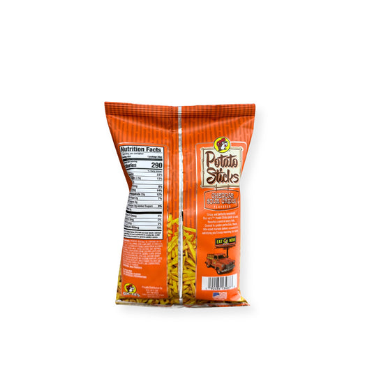 Buc-ee's Potato Sticks Cheddar Sour Cream 4oz bag back view displaying nutrition facts label with 290 calories per serving and ingredient information
