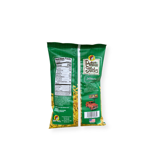 Buc-ee's Potato Sticks Jalapeño 4oz bag back view displaying nutrition facts label with 290 calories per serving and ingredient information