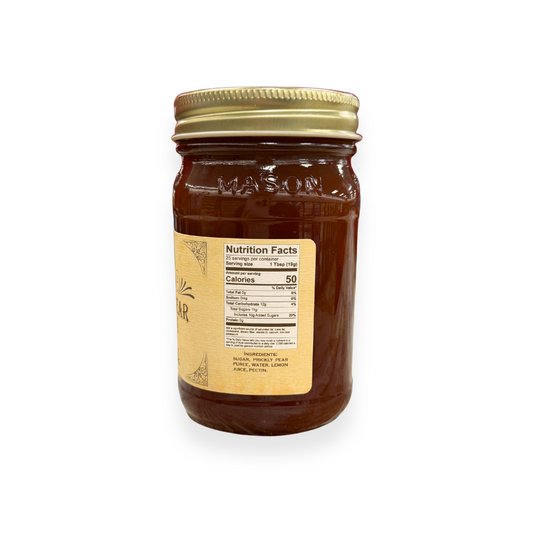 Buc-ee's Prickly Pear Cactus Jam 17.5 oz mason jar side view showing detailed nutrition facts label, ingredients list including prickly pear puree, and golden vintage-style labeling