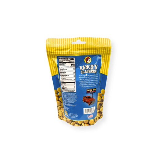 Buc-ee's Ranch'N Crackers 6 oz yellow and blue pouch back view showing detailed nutrition facts label with 140 calories per serving and ranch cracker product information