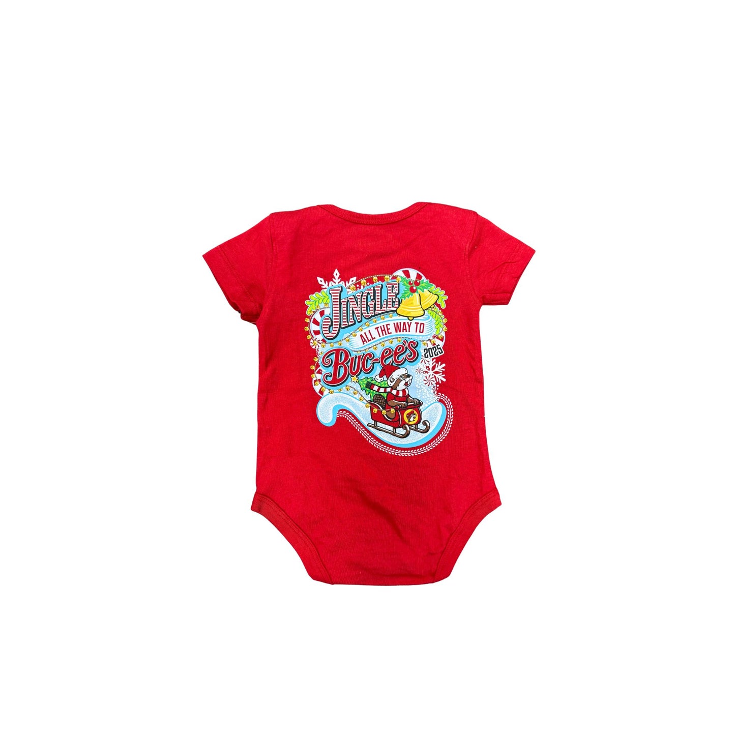Red Buc-ee's Christmas 2025 infant onesie with Santa beaver in green wreath design, featuring snap closure for babies back view