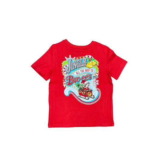 Youth size red Buc-ee's 2025 Christmas t-shirt showing 'Jingle All the Way to Buc-ee's' design with Santa beaver on sleigh, designed for kids