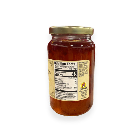 Buc-ee's Red Pepper Jelly 17 oz jar side view showing detailed nutrition facts label, ingredients list including red bell peppers, and golden vintage-style labeling
