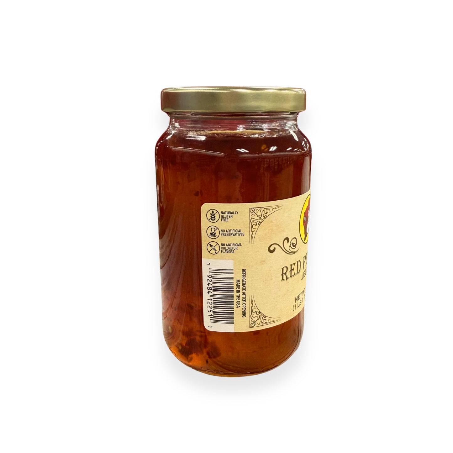 Buc-ee's Red Pepper Jelly 17 oz jar back view showing product certifications including naturally gluten-free and no artificial preservatives, barcode, and classic jar styling