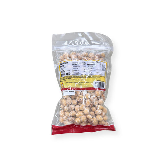 Buc-ee's Salsa Verde Coated Peanuts 12 oz clear plastic bag back view showing detailed nutrition facts label with 150 calories per serving and ingredient information