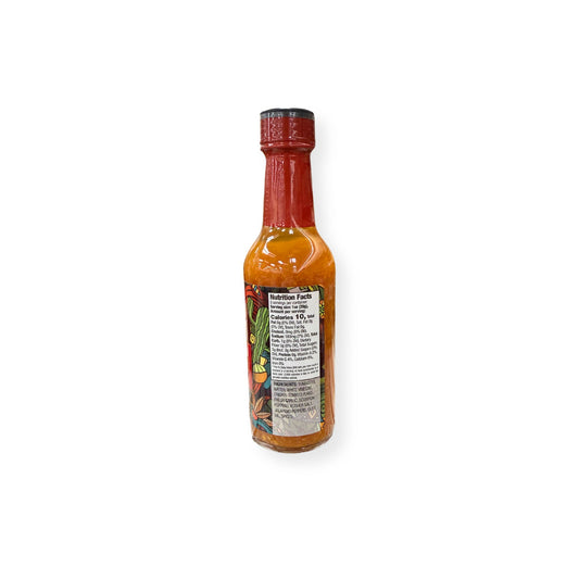 Buc-ee's Scorpion Pepper Hot Sauce 5 oz bottle back view showing detailed nutrition facts label with 10 calories per serving and ingredient list highlighting scorpion peppers with fiery hot warning
