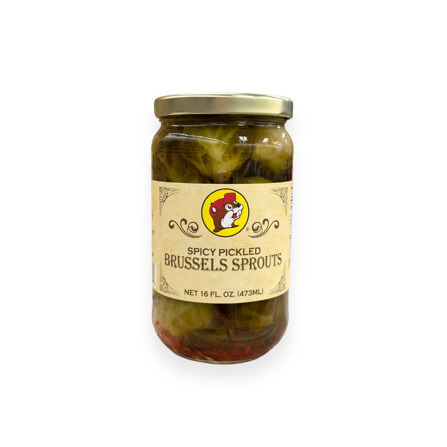 Buc-ee's Spicy Pickled Brussels Sprouts 16 fl oz glass jar front view featuring iconic red beaver mascot logo, ornate vintage-style label design, and clear view of pickled Brussels sprouts in spicy brine