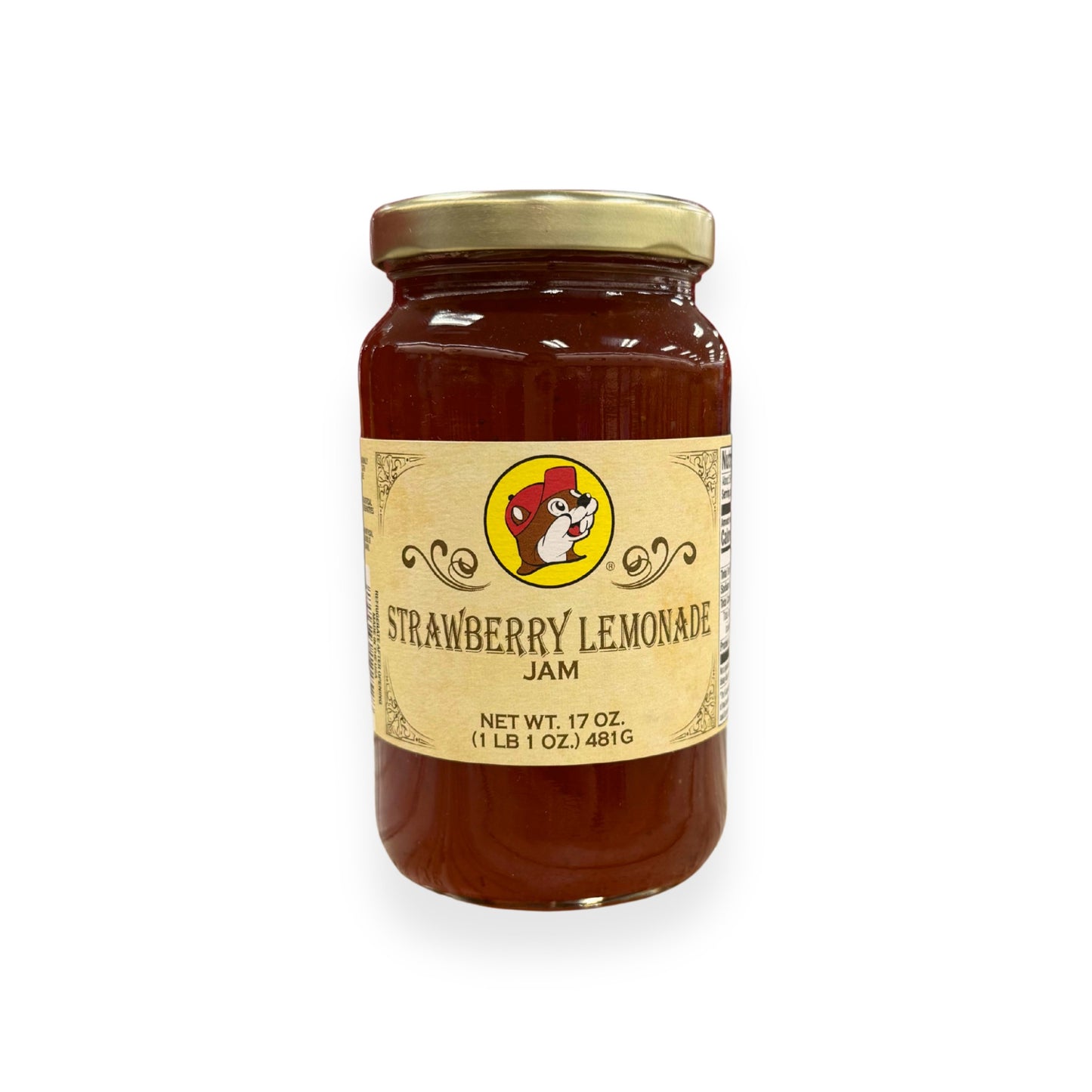 Buc-ee's Strawberry Lemonade Jam 17 oz mason jar front view featuring iconic red beaver mascot logo and classic mason jar styling with golden lid, showing net weight 1 lb 1 oz