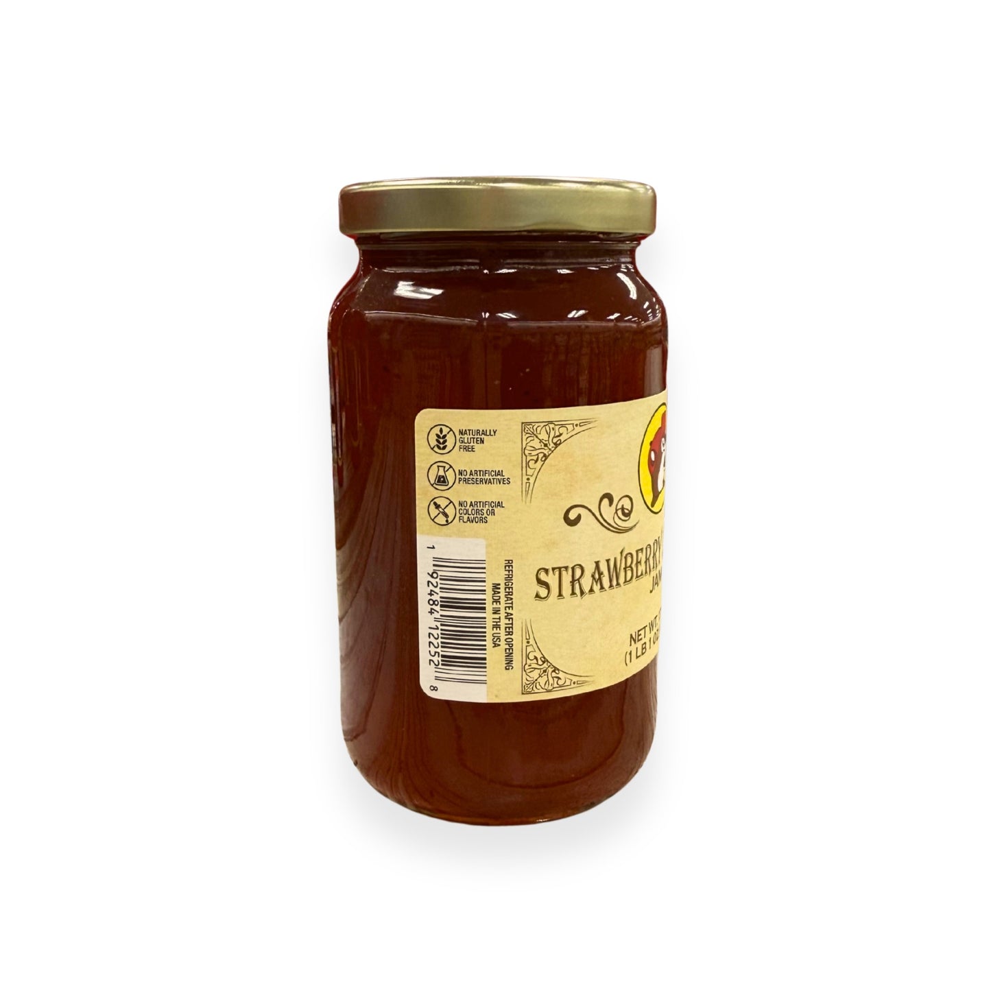 Buc-ee's Strawberry Lemonade Jam 17 oz mason jar back view showing gluten-free certification, no artificial preservatives badges, barcode, and storage instructions