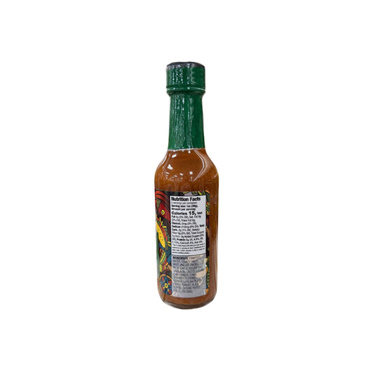 Buc-ee's Taco Reaper Sauce Hot 5 oz bottle back view showing detailed nutrition facts label with 15 calories per serving and ingredient list highlighting reaper peppers and Mexican spices with green bottle cap