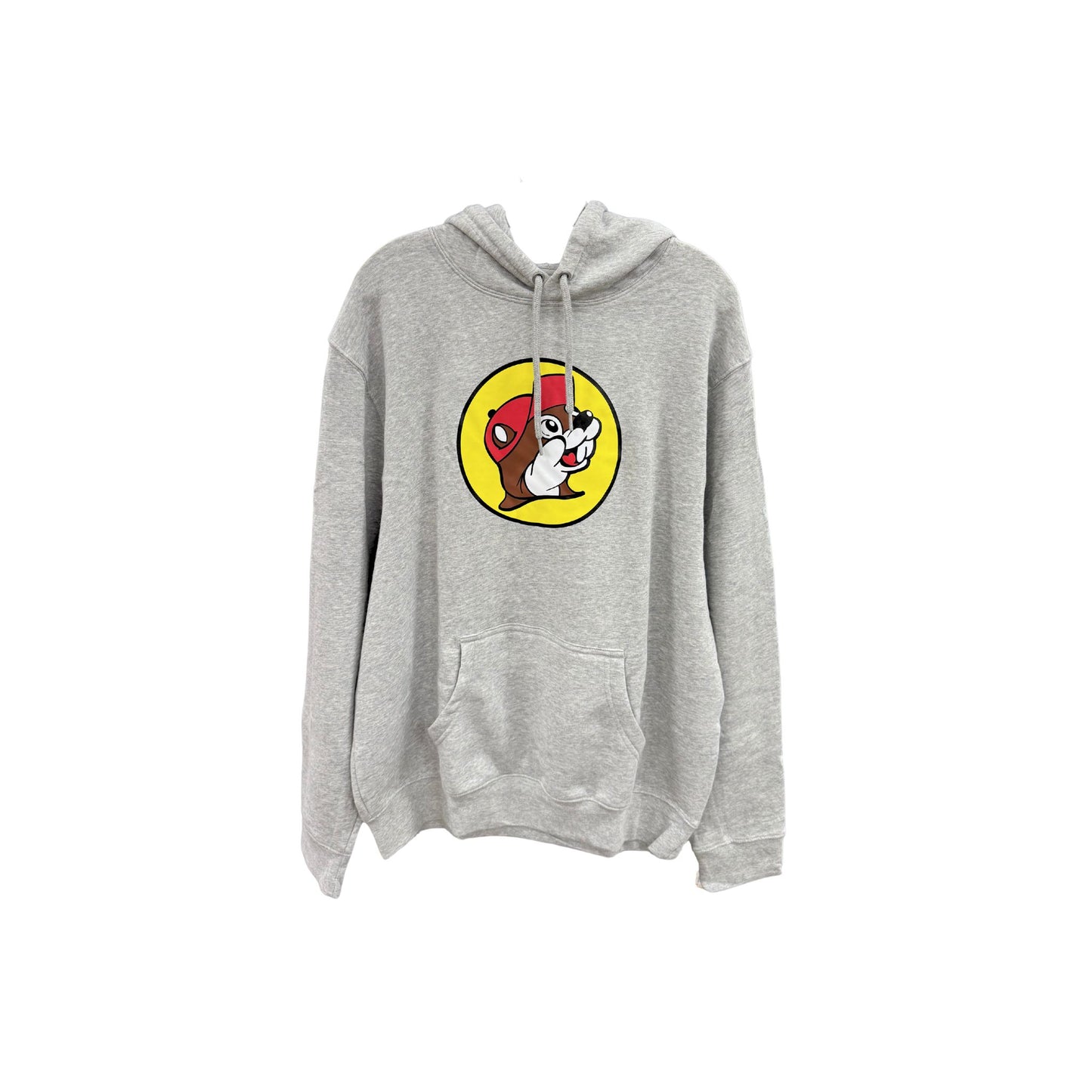 Gray heather unisex Buc-ee's hoodie with large colorful beaver logo on chest, featuring kangaroo pocket and drawstring hood