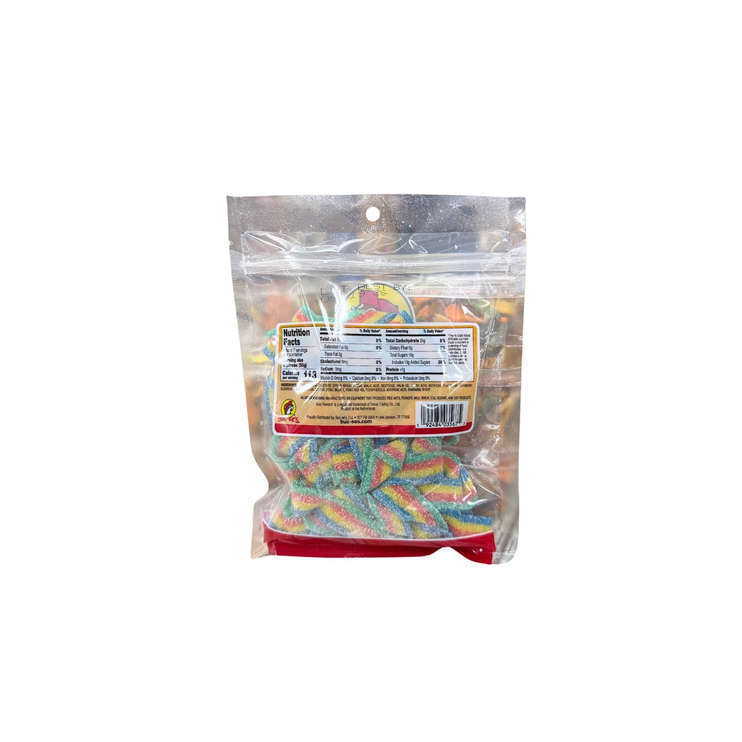Buc-ee's watermelon sour candy belts bag back showing nutrition facts and colorful rainbow-striped sour candy belts in clear packaging