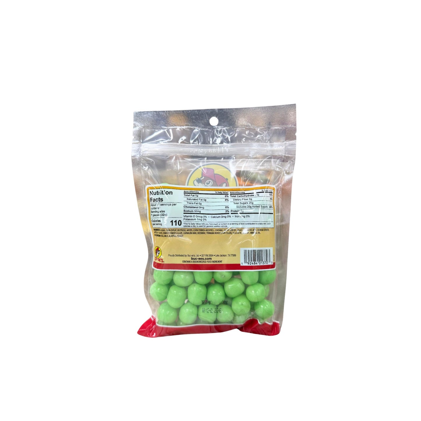Buc-ee's watermelon sours 12oz bag back showing nutrition facts label and bright green sour candy balls in clear packaging