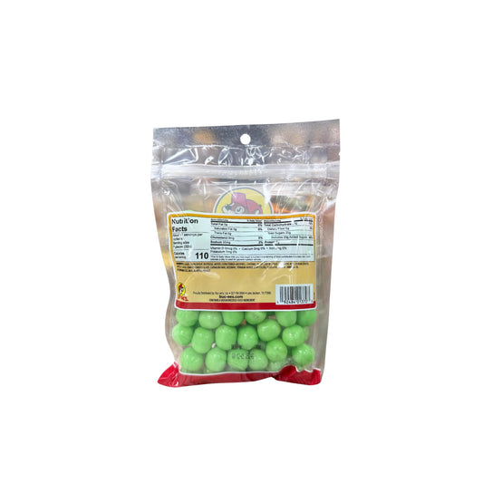 Buc-ee's watermelon sours 12oz bag back showing nutrition facts label and bright green sour candy balls in clear packaging
