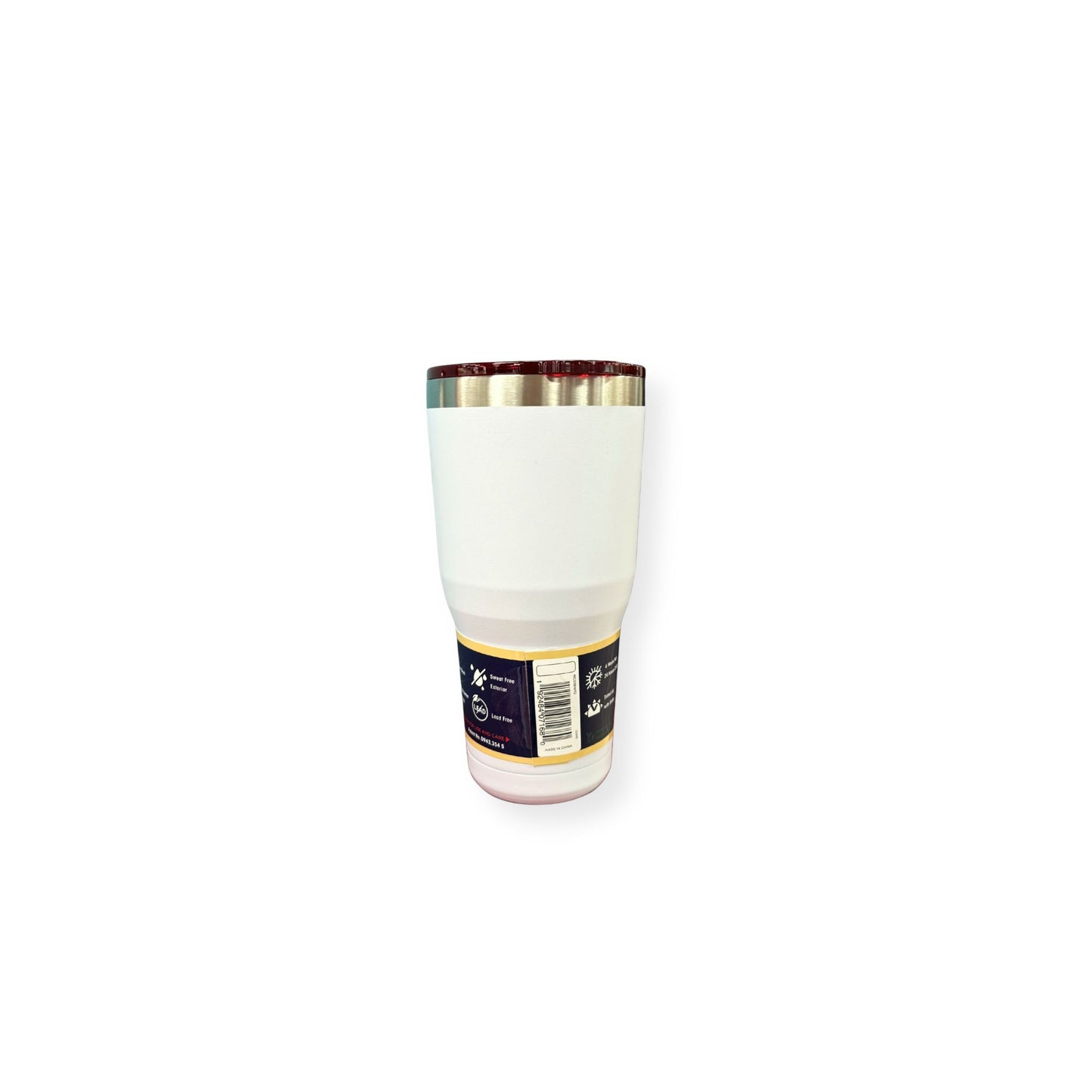 Yukon Outfitters 30oz white Freedom tumbler with stainless steel rim and product specification label on bottom