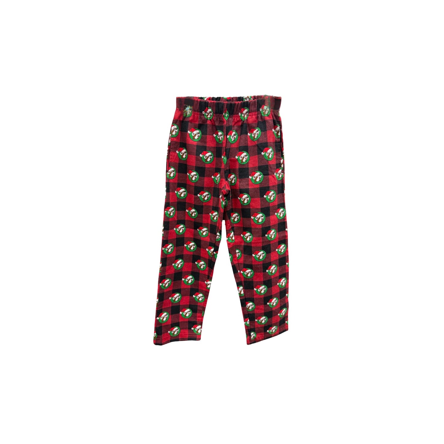 Youth size Buc-ee's Christmas pajama pants in red and black buffalo plaid with Santa beaver in green wreath circles, elastic waistband for kids