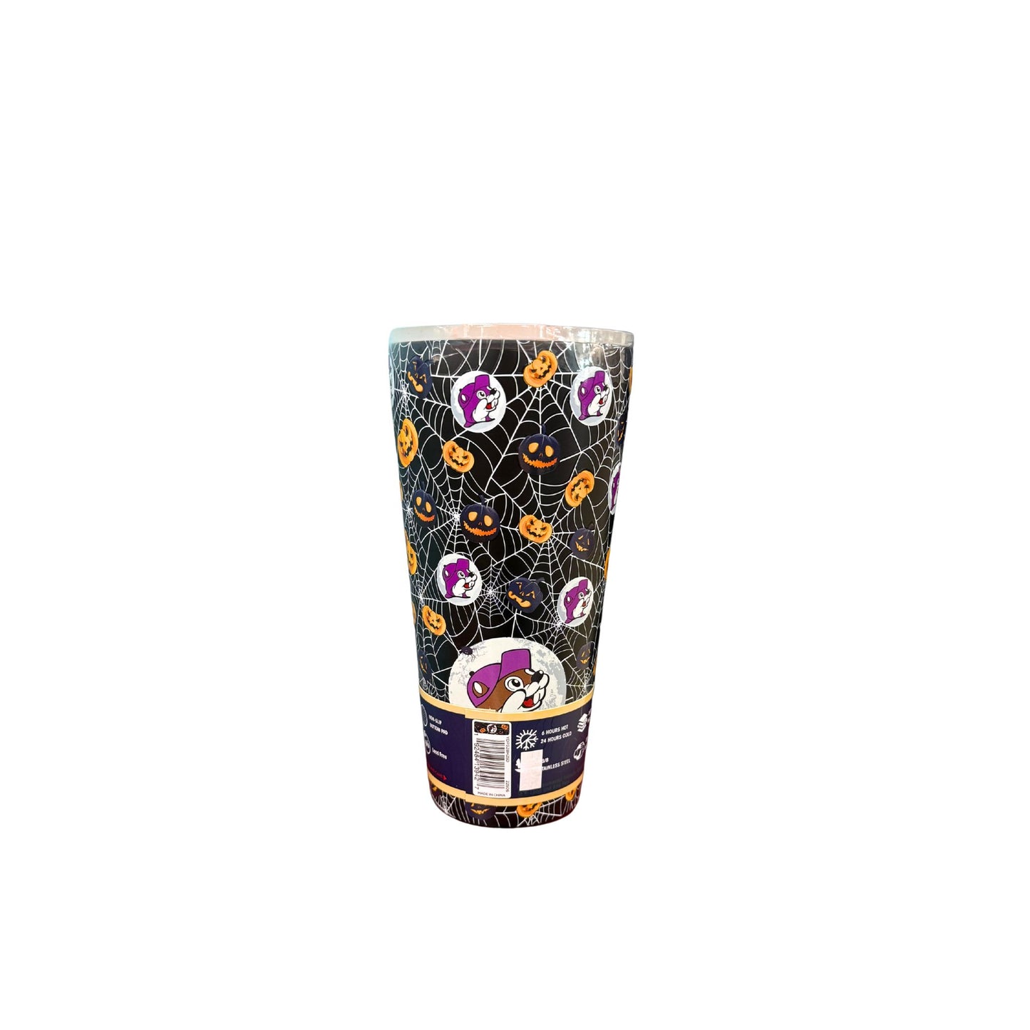 Yukon Outfitters Halloween 2025 Double Pint cup with black spider web pattern, witch beaver designs, and glow-in-the-dark tag
