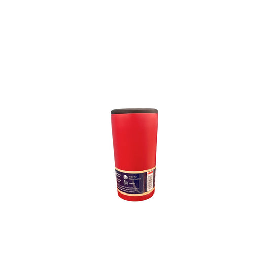 Yukon Outfitters red 4-in-1 drink cooler with black lid and product specification label on bottom